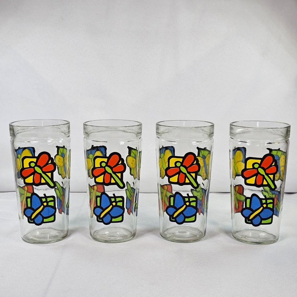 Libbey Butterfly Dragonfly Juice Glasses Set of 4 Pop Art Colorful Insects 6in